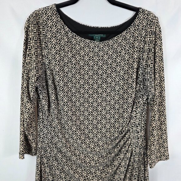 Lauren Ralph Lauren Ruched Sheath Dress Women's Size 16 Black & Tan Geo Print - Picture 4 of 15